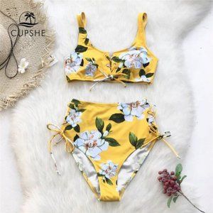 NWT-Cupshe Yellow Floral High Waisted Bikini - Lg